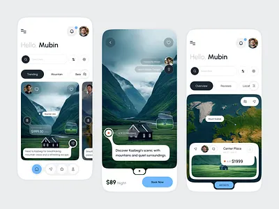 Travel Mobile App UI — Explore & Book Seamlessly adventure travel b2b booking booking app ui clean ui destination app hiking app hotel booking app kazbegi georgia minimalist design mobile app mountain travel nature theme product design saas travel travel app ui travel booking travel inspiration uiux design