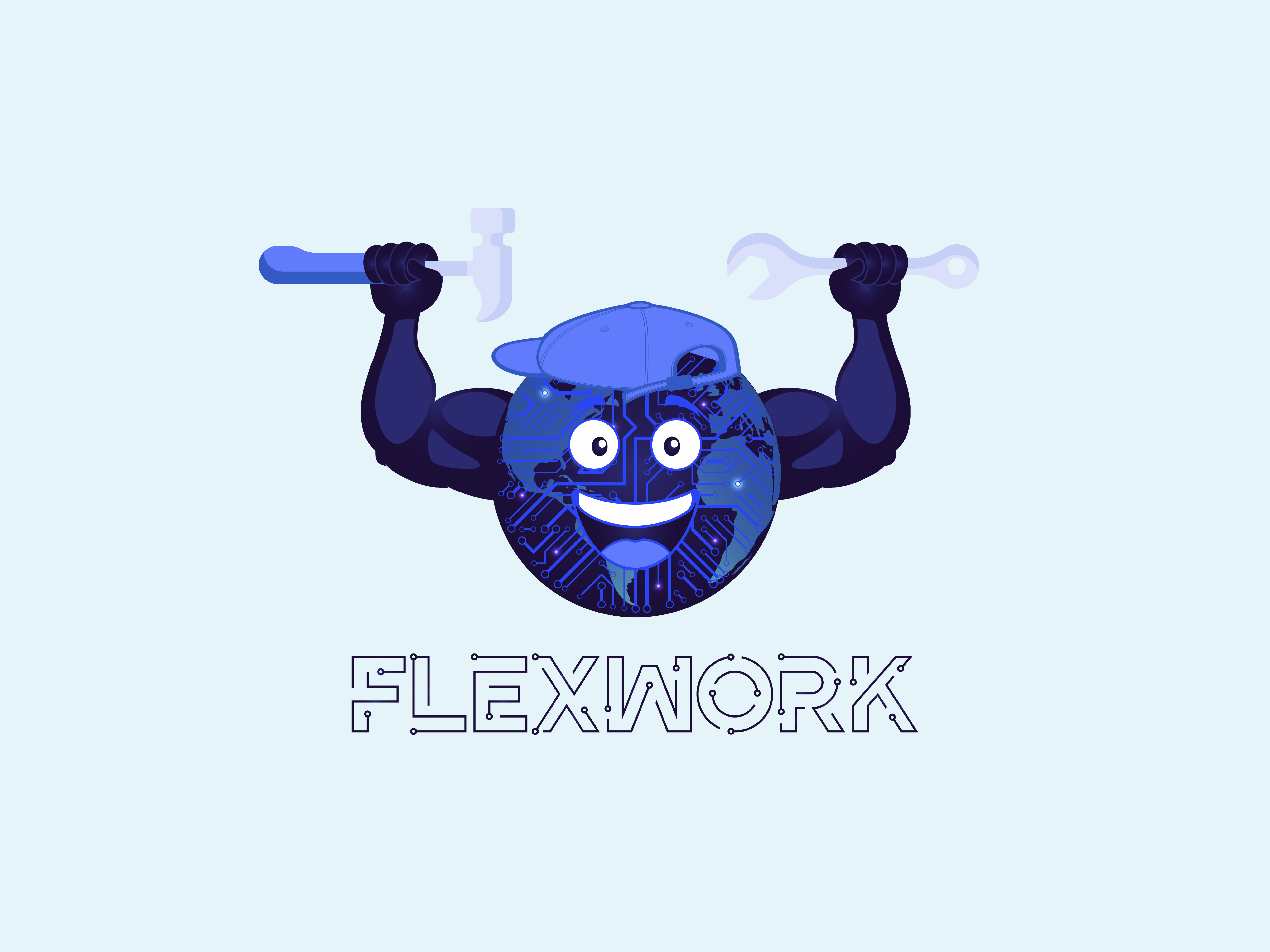 Flex Work – Mascot Logo for Repair & Service Brand brand designer brand guideline brand identity brand kit branding cartoon construction logo figma graphic design illustration illustrator logo logo design mascot real estate logo trendy logo typography ui vector logo visual identity