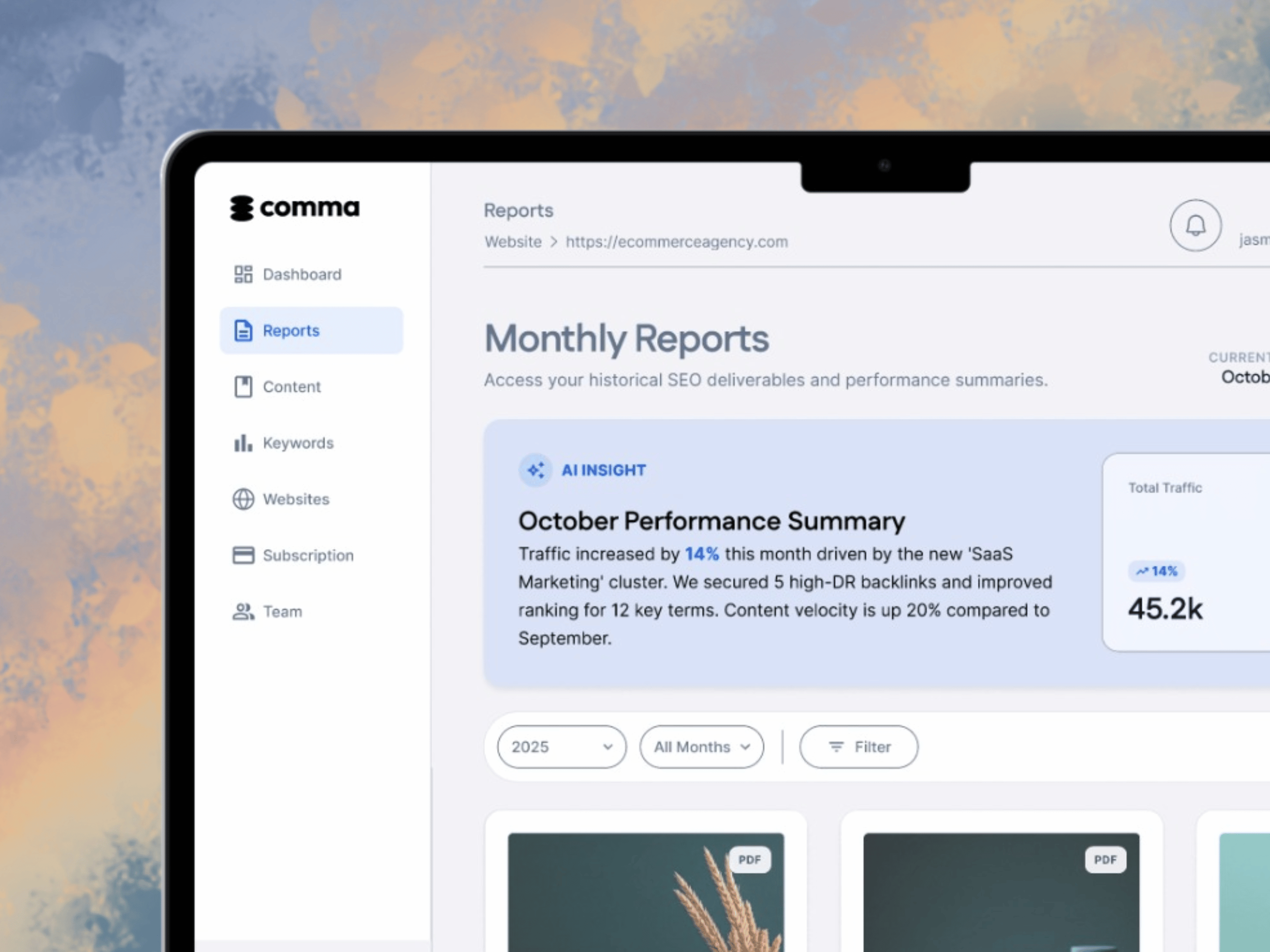 Comma - SEO Reporting Dashboard dashboard figma ui design web app