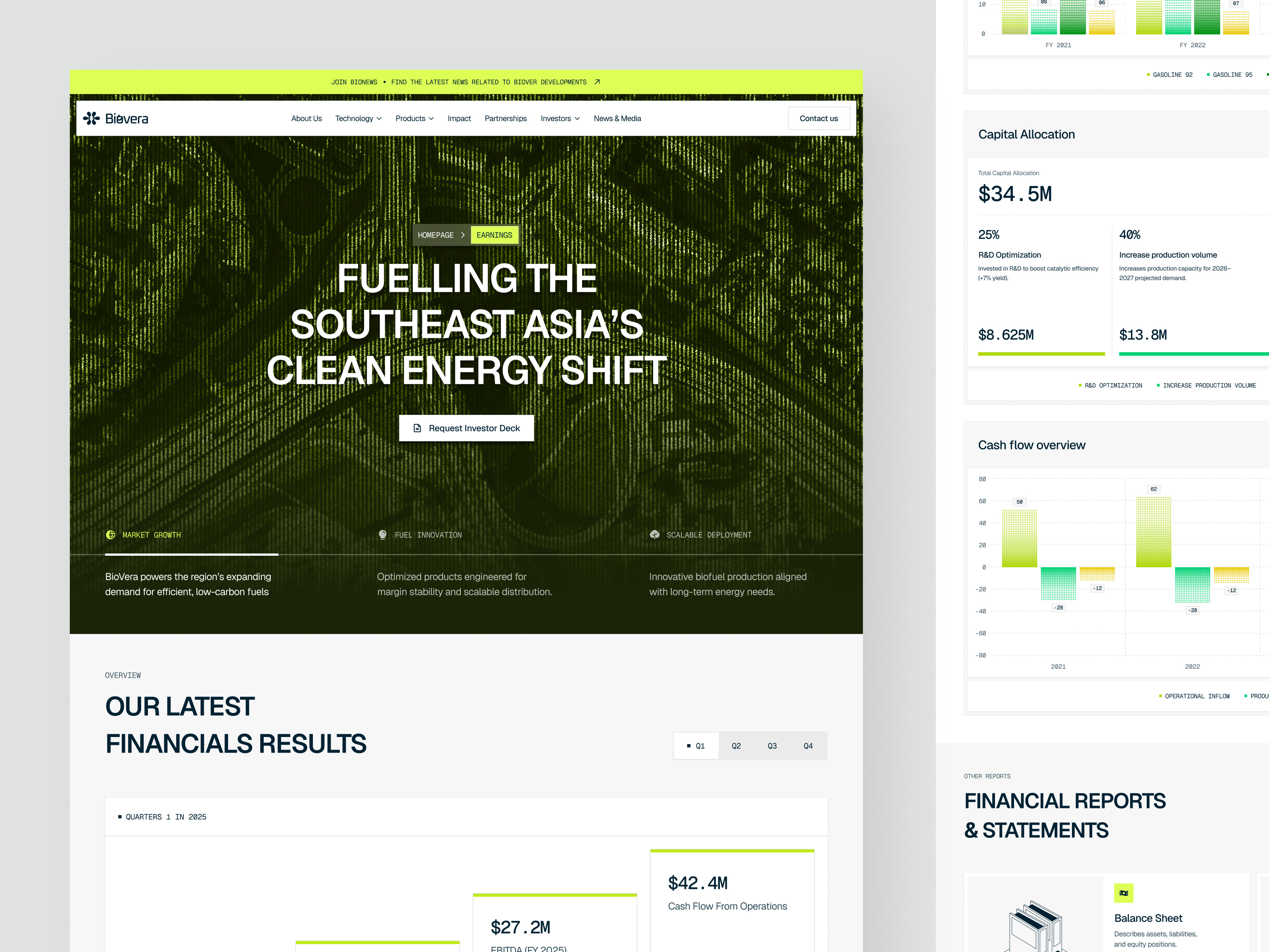 Biovera — Earnings Page (Investor Experience) analytics dashboard bioenergy clean design clean energy corporate website data visualization earnings page energy industry financial dashboard financial reporting fuel gas green energy investor relations modern ui startup finance sustainability ui design ux design web design
