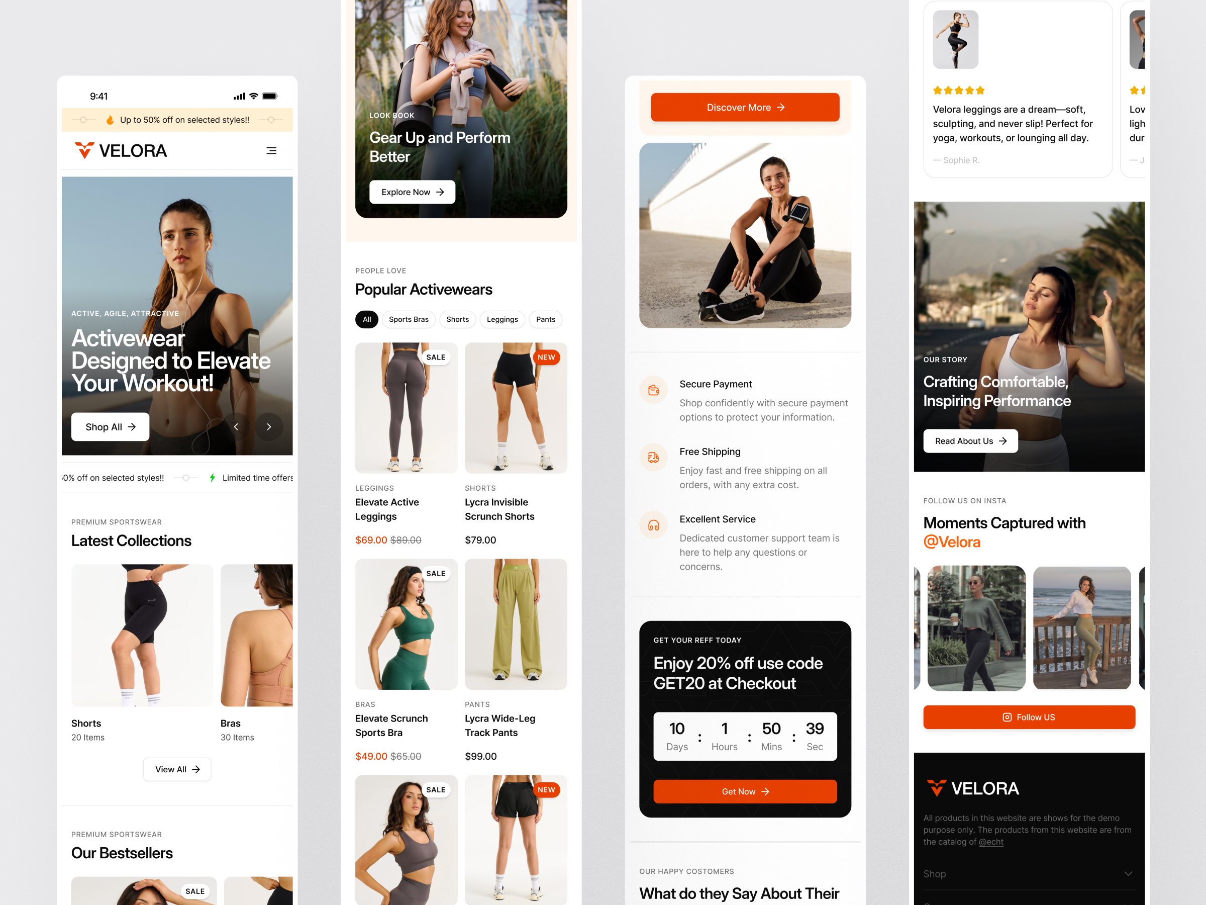 Velora – Responsive E-commerce Homepage UI (Dark Mode) activewear application design cleanuidesign darkmodeui ecommercehomepage ecommerceui ecommercewebsite fashionui landing page landing page design modernwebui productdesign responsiveuidesign shopping website ui design uiuxdesign ux design uxdesign webdesign webdesigninspiration