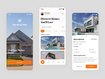 Naas Real Estate – Property Finder App UI app design booking app branding dashboard dhaka real estate figma design home search ios design minimalism mobile app property finder real estate app rental app ui uiux design user experience user interface