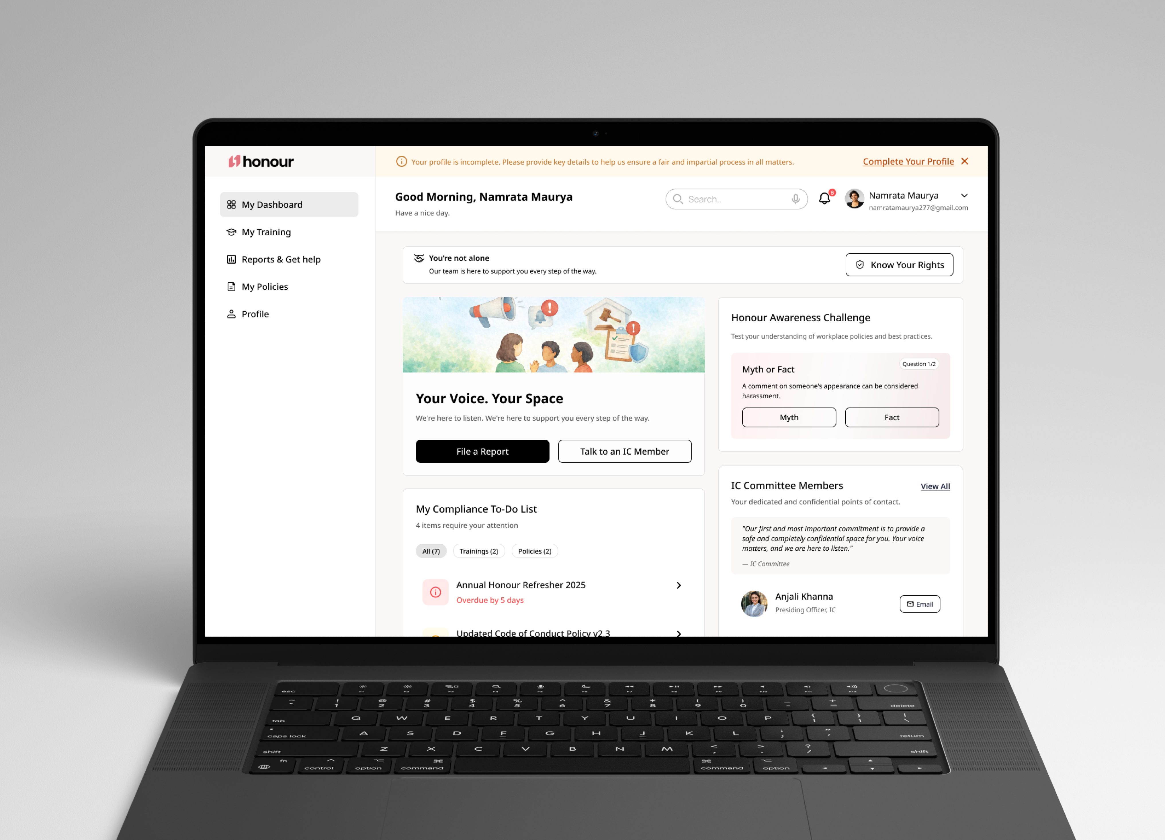 Honour | Workplace Safety & Compliance Dashboard cleanui compliance dashboard dashboarddesign dashboardui datavisualization design dribbble shots interactiondesign interface redesign productdesign saas ui uidesign uiux use ux workplacesafety