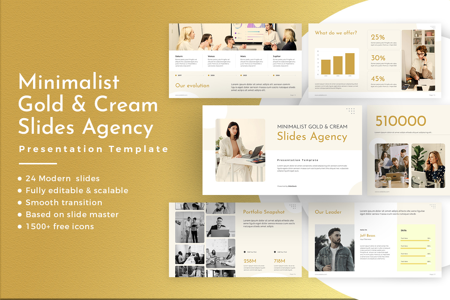 Minimalist Gold & Cream Slides Agency Presentatio audience business clean demo design features guide highlight launch marketing new pitch presentation product showcase simple slides tech template visual