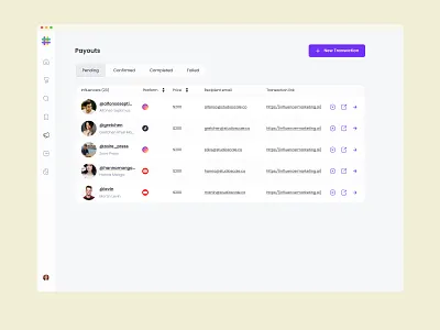 Influencer Marketing Payouts admin appdesign clean dashboard figma finance influencer interface marketing minimal payment payouts productdesign saas table transactions ui userinterface ux webdesign
