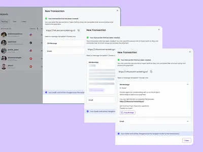 New Transaction Flow appdesign clean communication dashboard email figma finance influencer interface marketing message modal productdesign saas template transaction ui userinterface ux webdesign