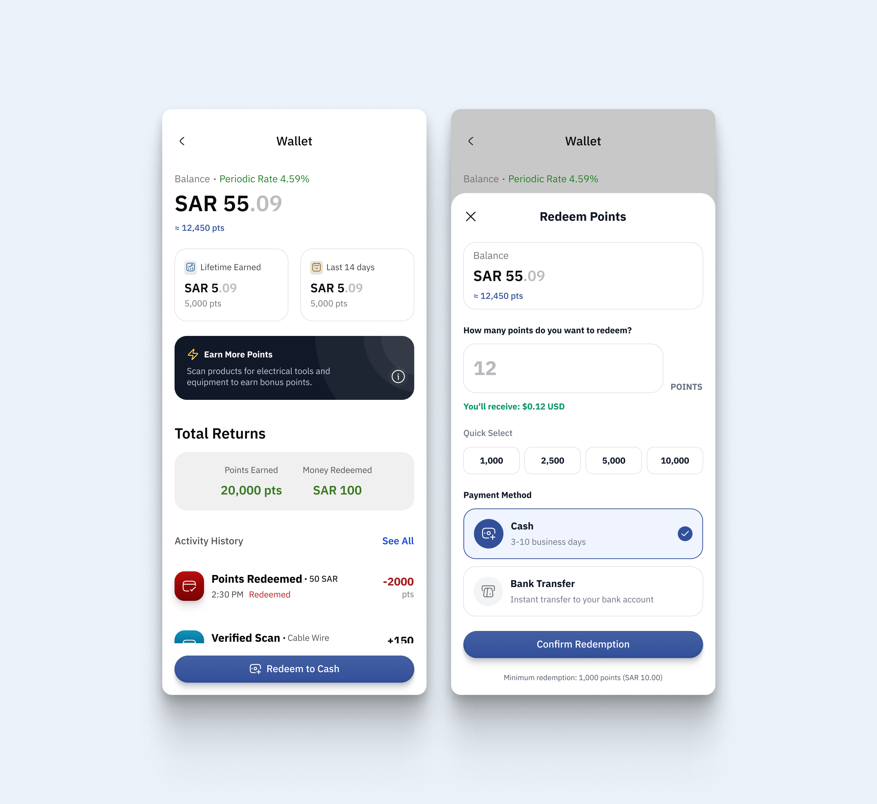Wallet Page for a loyalty app blue cash figma freelance mobile product design redeem rewards app ui ux wallet wallet page