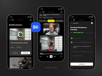 Exerfly. Behance Case Study app behance brand case study course dark mode education fitness identity interface modern player sport uxui video web