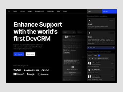 devcrm: ticketing platform, workflow, landing, crm actions assistant business channel crm customer engineer experience feedback issues metrics organization productivity saas slack support teams ticketing web app workflow