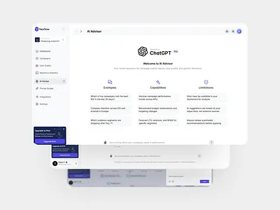 AI Advisor - SaaS ChatGPT Integration ai ai dashboard ai design app design artificial intelligence assistant chatbot chatgpt clean design dashboard design light mode saas saas dashboard uiux web app design website design