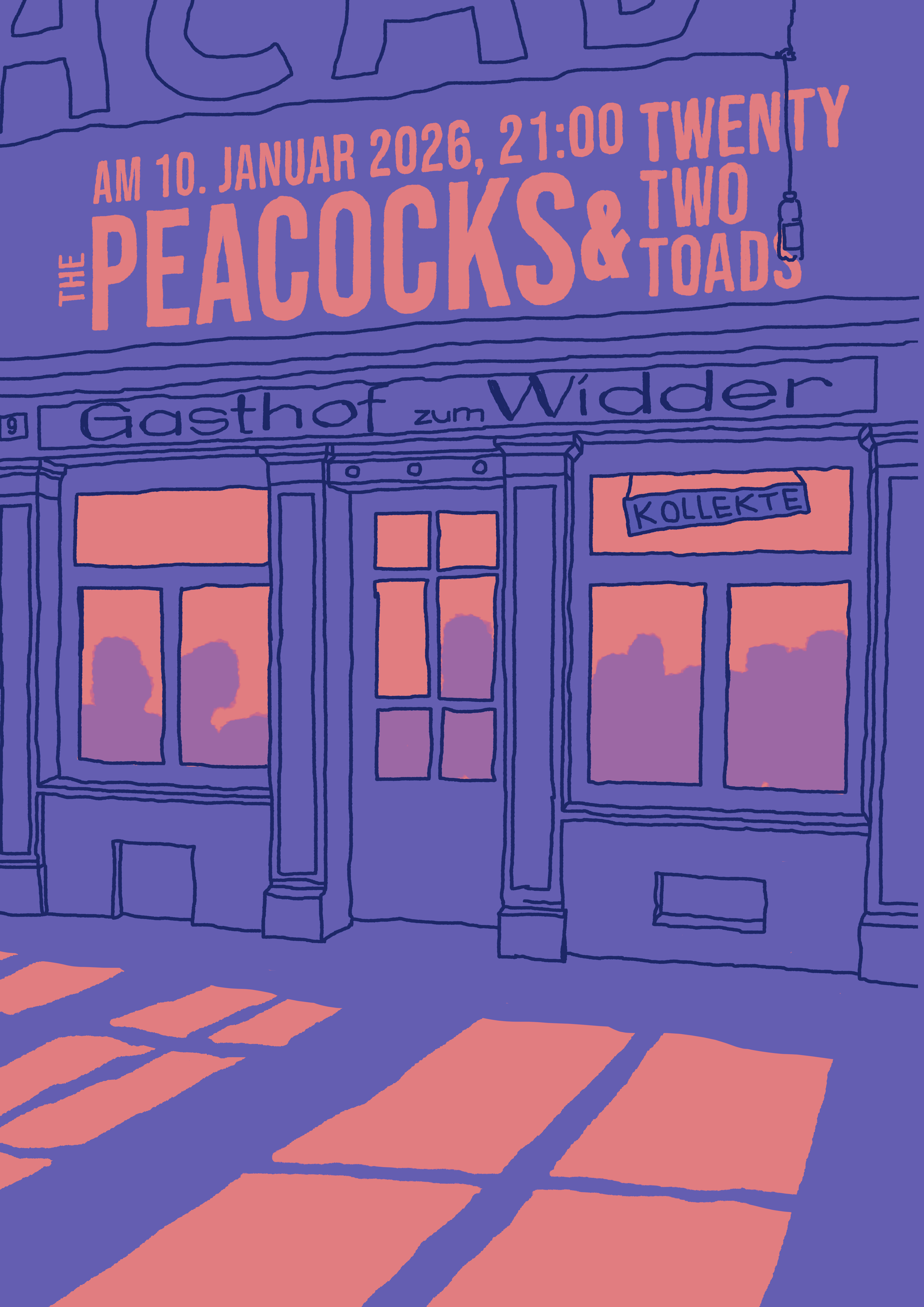 Concertposter for The Peacocks animated fassade graphic design handmade illustration moody orange poster design switzerland violet winterthur