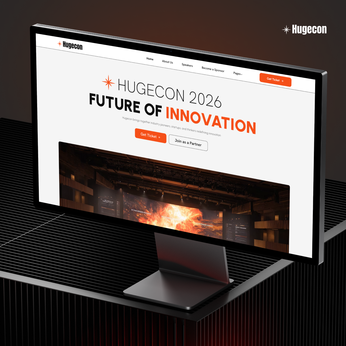 Hugecon - Conference & Events Website Template branding conference conference and event focused event organizers events global gatherings logo music festivals summits ui webinars workshops