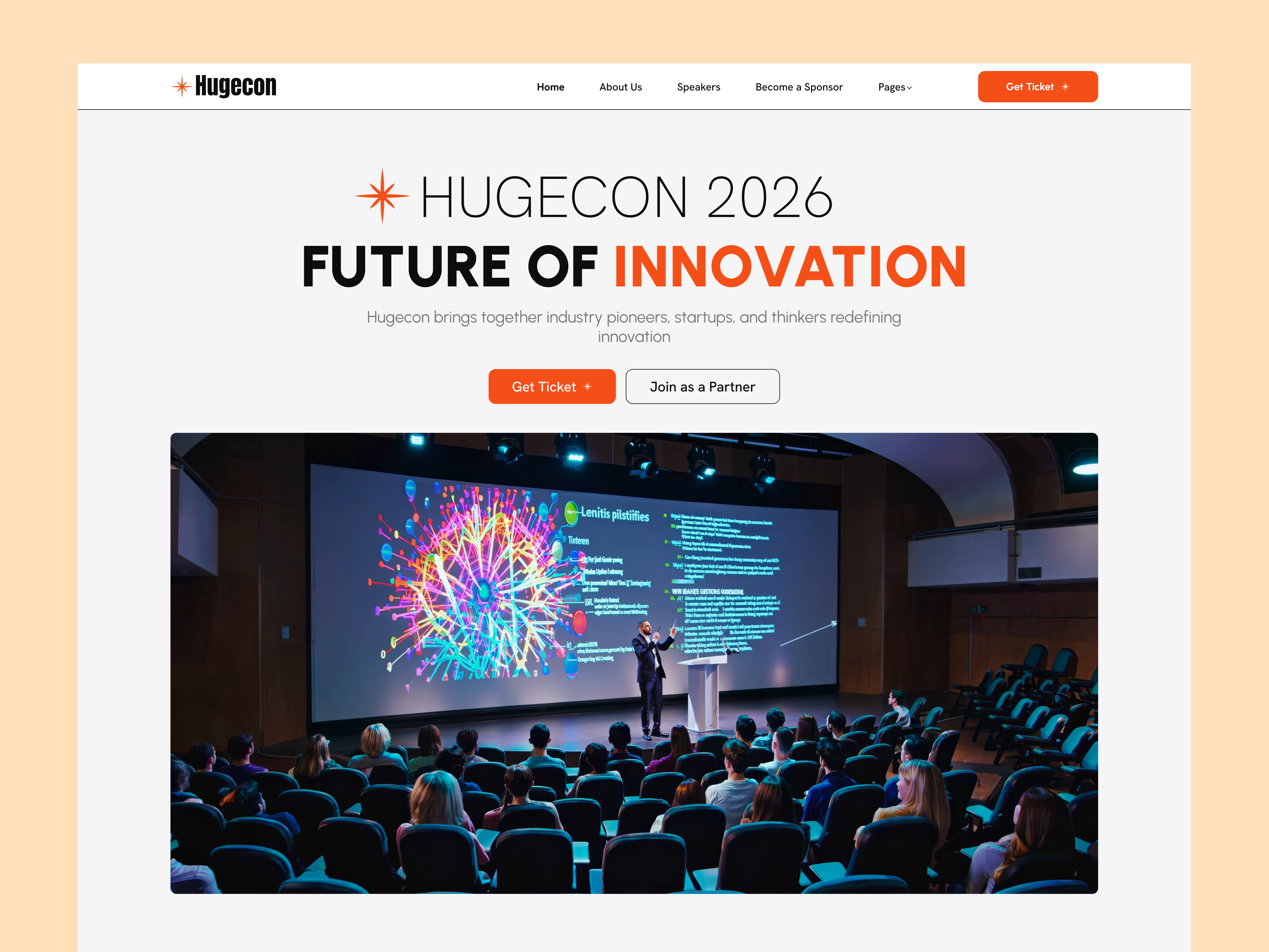 Hugecon - Conference & Events Website Template branding conference conference website event organizers events global gatherings logo music festivals summits ui webinars workshops