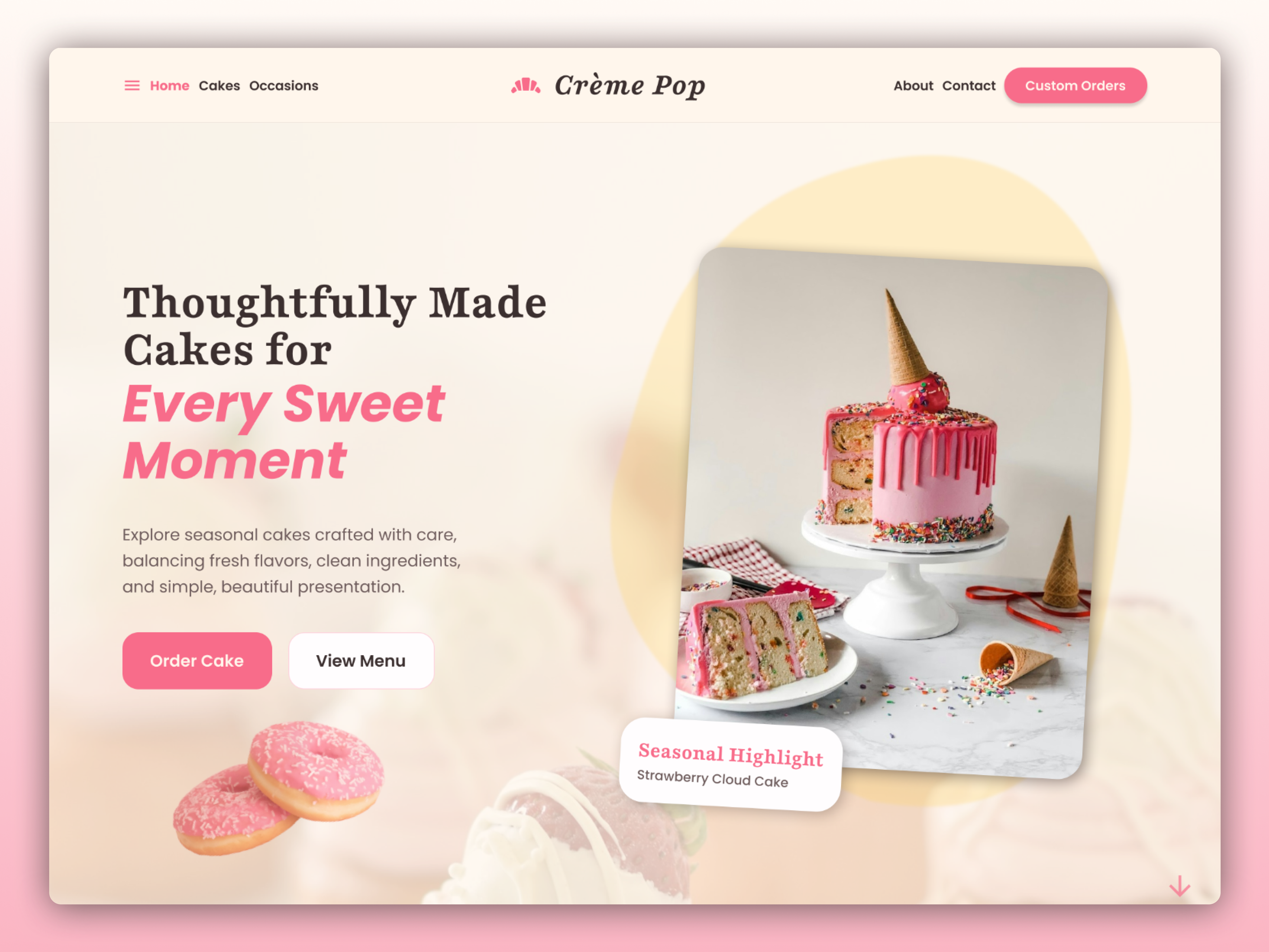 Crème Pop — Thoughtfully Made Cakes Website 🍰 bakery bakery website branding cake shop creative website dribbble ecommerce figma food landing page landingpage modern ui pastel product cards ui design uidesign ux design web design webdesign website design