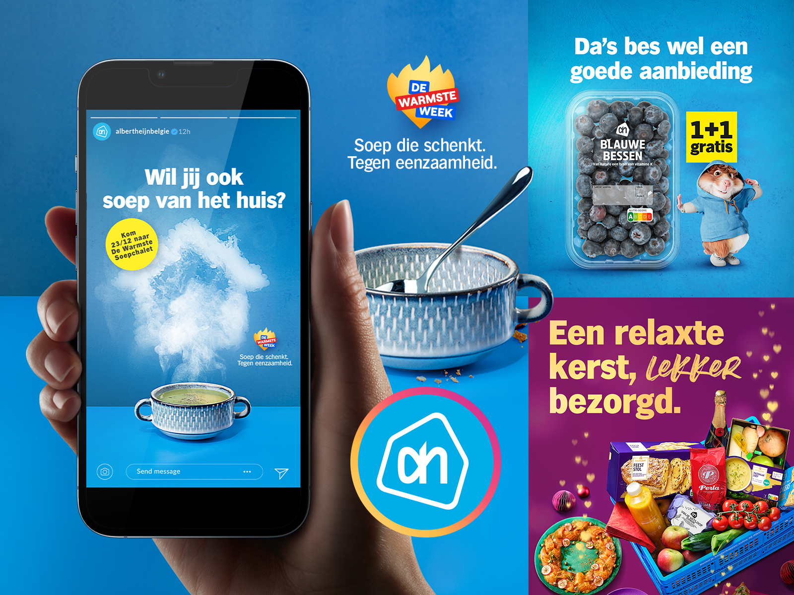 Albert Heijn - Social Media Graphic Designs ah albert heijn belgie bonus voordeel boodschappen de warmste week graphic design groceries hamsteren instagram instagram social posts social feeds social post graphic desings social posts social stories soepchalet supermarket