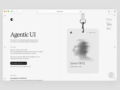 Agentic UI admin agentic agents ai artificial intelligence components design system interactive landing page minimal product design saas software startups ui kit ux voice web app website yc