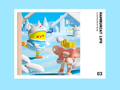 HAMBURCAT—Snowball Fight(3D) 3d blue c4d food illustration snow snowball fight winter zhang 张小哈
