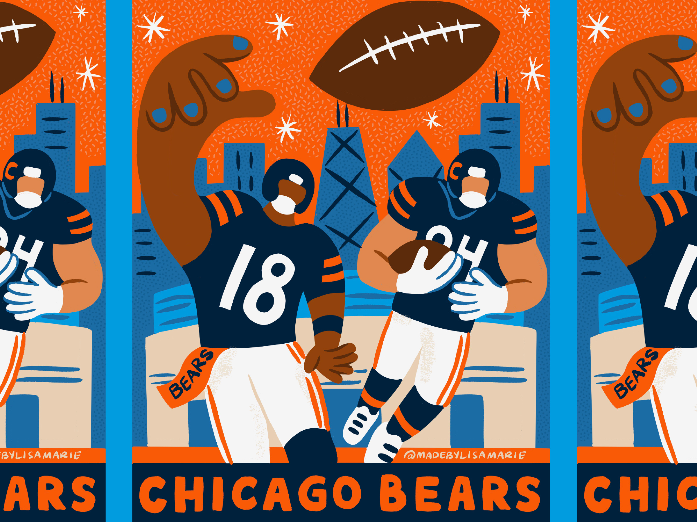 Chicago Bears Playoffs illustration athlete athletics bears character chicago chicago bears city design football game illustration lettering nfl outdoors playoffs quarterback skyline sports