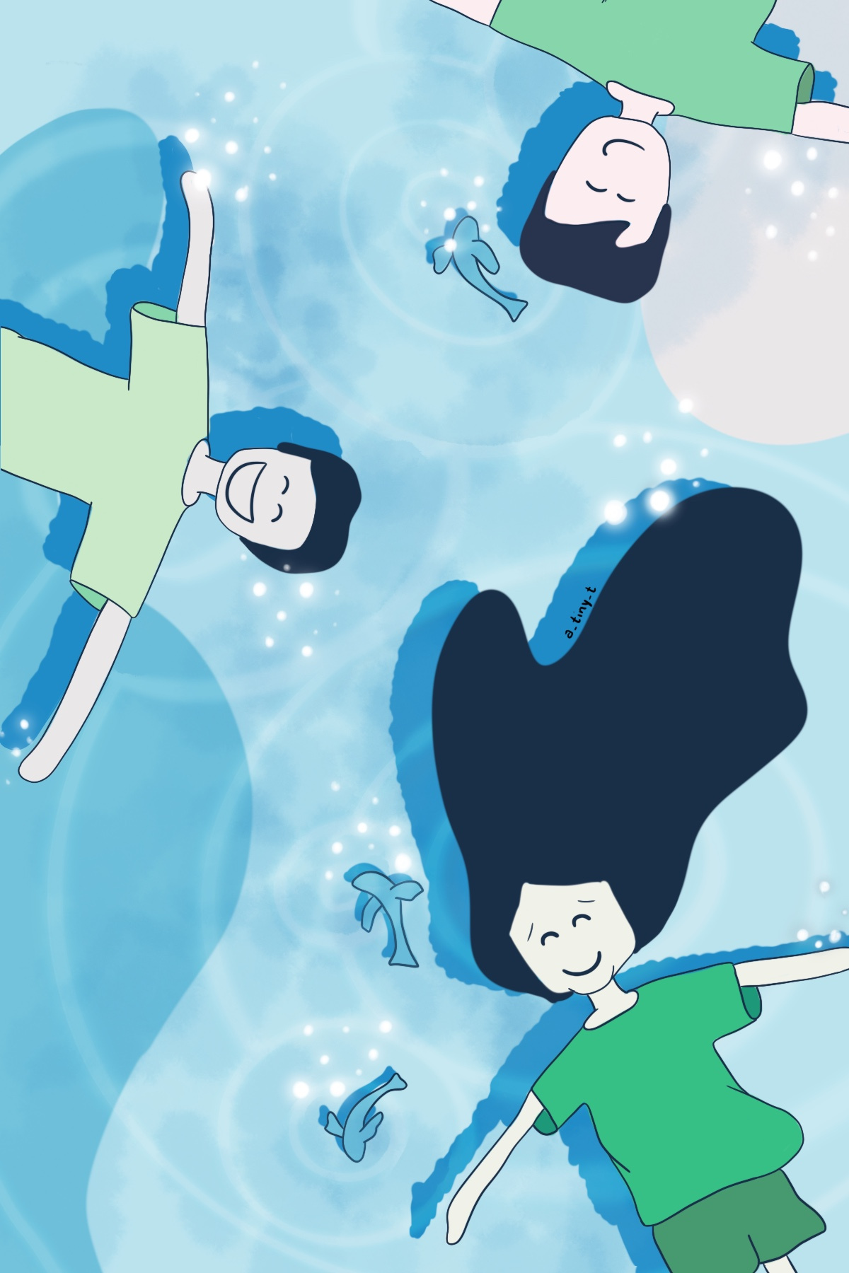 Floating worries away art character drawing friends happy illustration playful solid swim vector