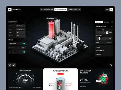 Industrial Plant Monitoring Dashboard | 3D Isometric UI 3d isometric control panel dark mode dark ui dashboard data visualization factory futuristic industrial ui interface iot manufacturing midjourney operations power plant product design sensors ui design ux design web app