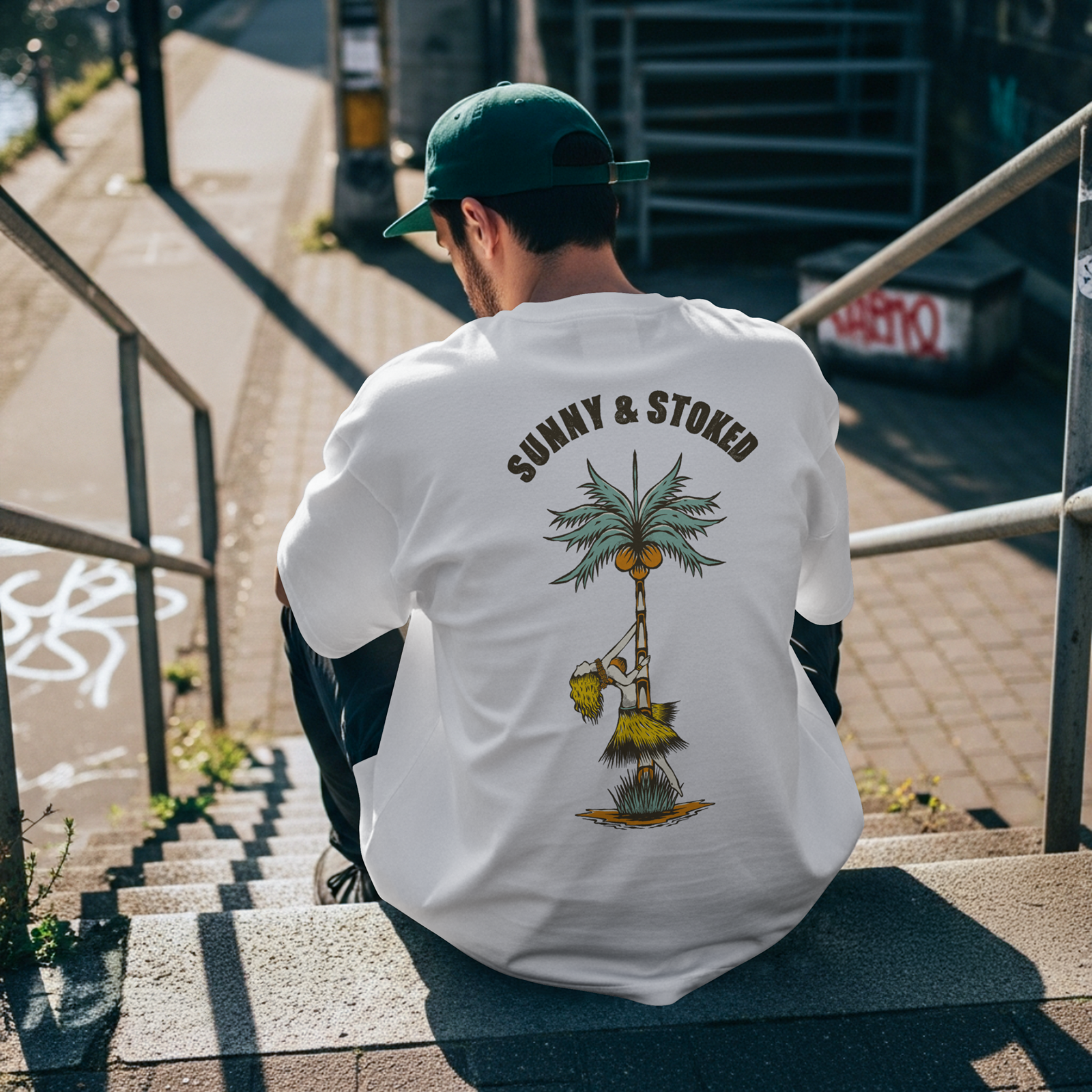 SUNNY & STOKED apparel branding clothing graphic design handdrawn illustration logo merchandise palm tree summer tees tshirt typograph vintage