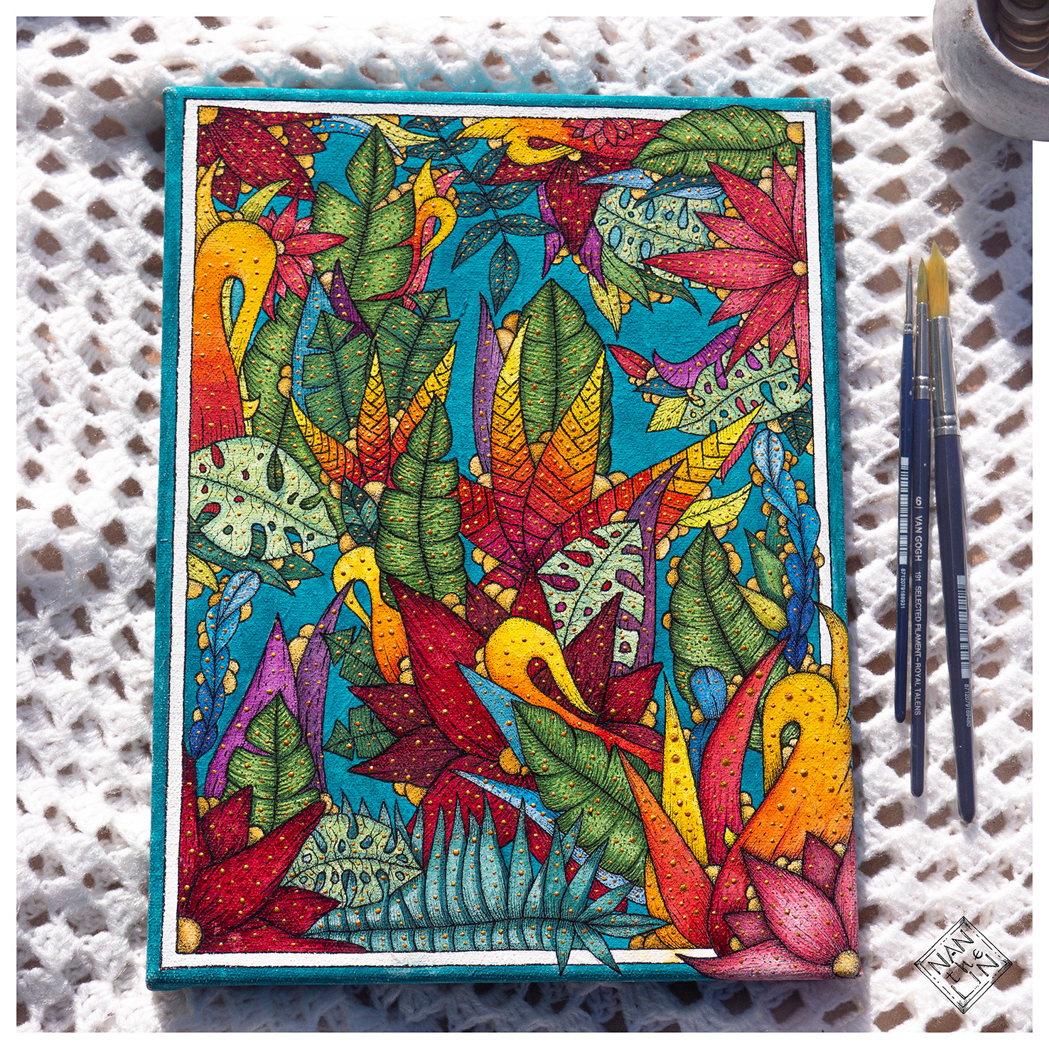 Jungle art colorful flowers hand drawn hand painted jungle painting traditional traditional art