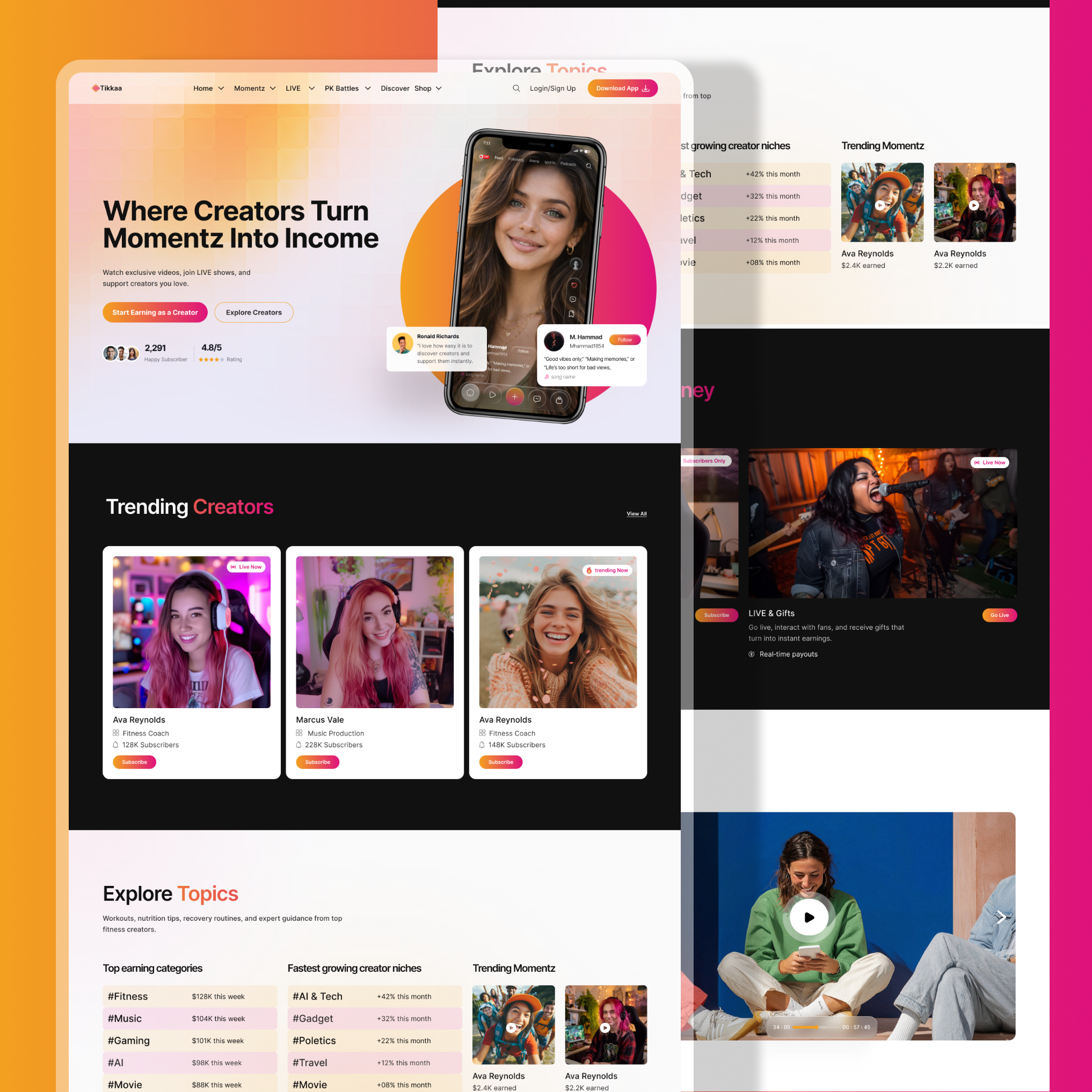 Creator-First Social Platform Design card based design content discovery creator dashboard creator economy creator marketplace digital tipping engagement focused layout fintech inspired ui framer style ui gradient ui influencer platform live streaming ui mobile first design modern saas design monetization ui short video platform social media platform subscription model trending content webflow ready design