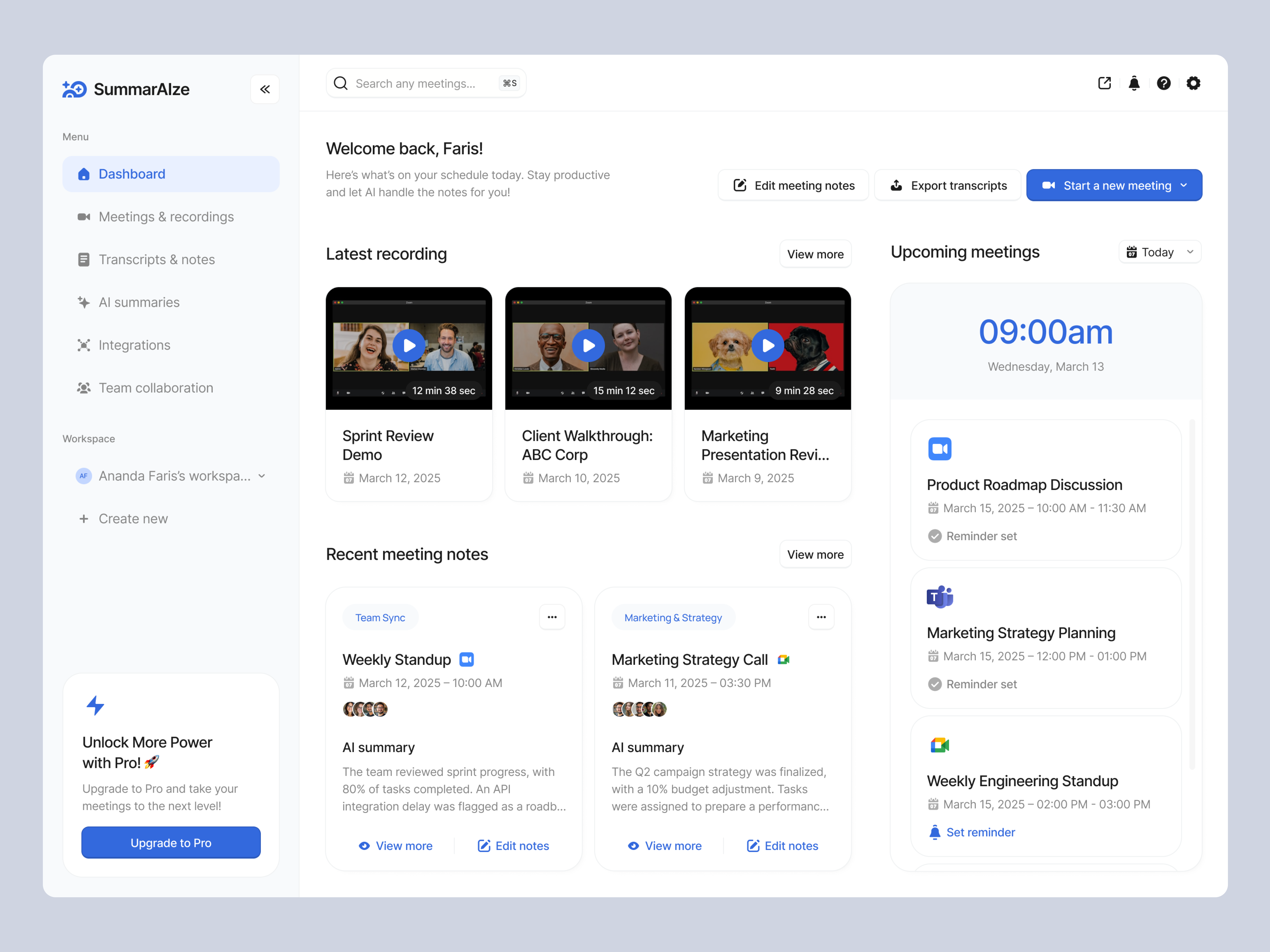 AI Meeting & Recording Transcript Dashboard ai ai assistant ai dashboard ai generate ai meeting ai meeting dahsboard ai services dashboard design meeting minimal modern productivity recording transcript transcription ui ui design ux design website work