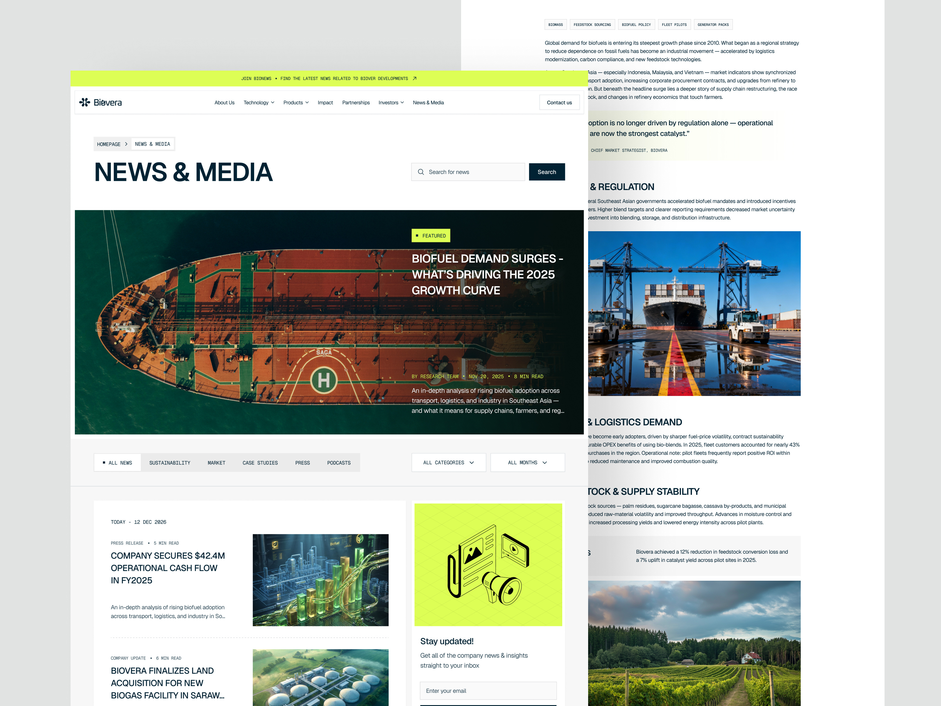 Biovera — News & Media Page bioenergy clean design clean energy content hub content strategy corporate website editorial design energy industry marketing website media page modern ui news page product design publishing platform sustainability thought leadership ui design ux design web design