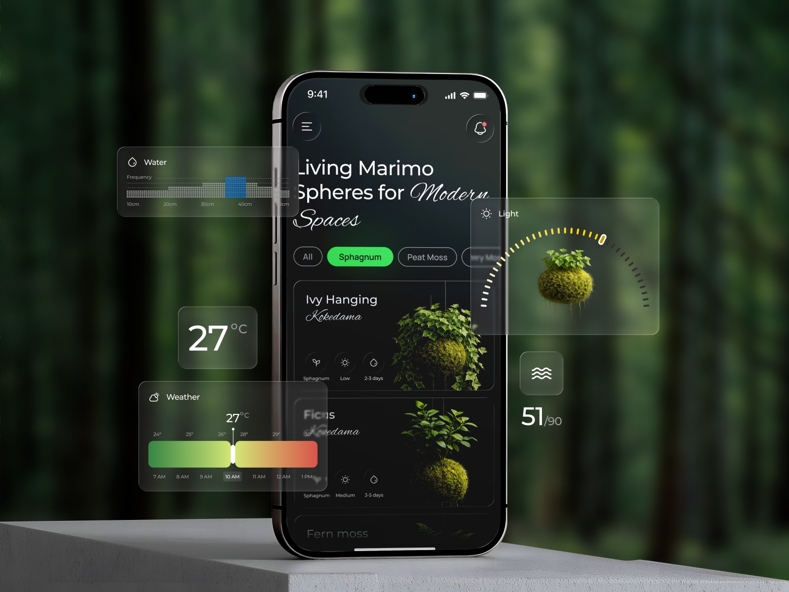 Marimo - Plant Care Mobile App botanical care guide clean design ficus greenery indoor plant kokedama minimalist mobile mobile app nature plant plant app plant care plant mobile app plant monitoring ui ui design uiux