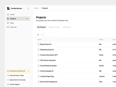 Narrio - AI Marketing Project Dashboard ai code dashboard marketing productdesign saas startup tools ui ux