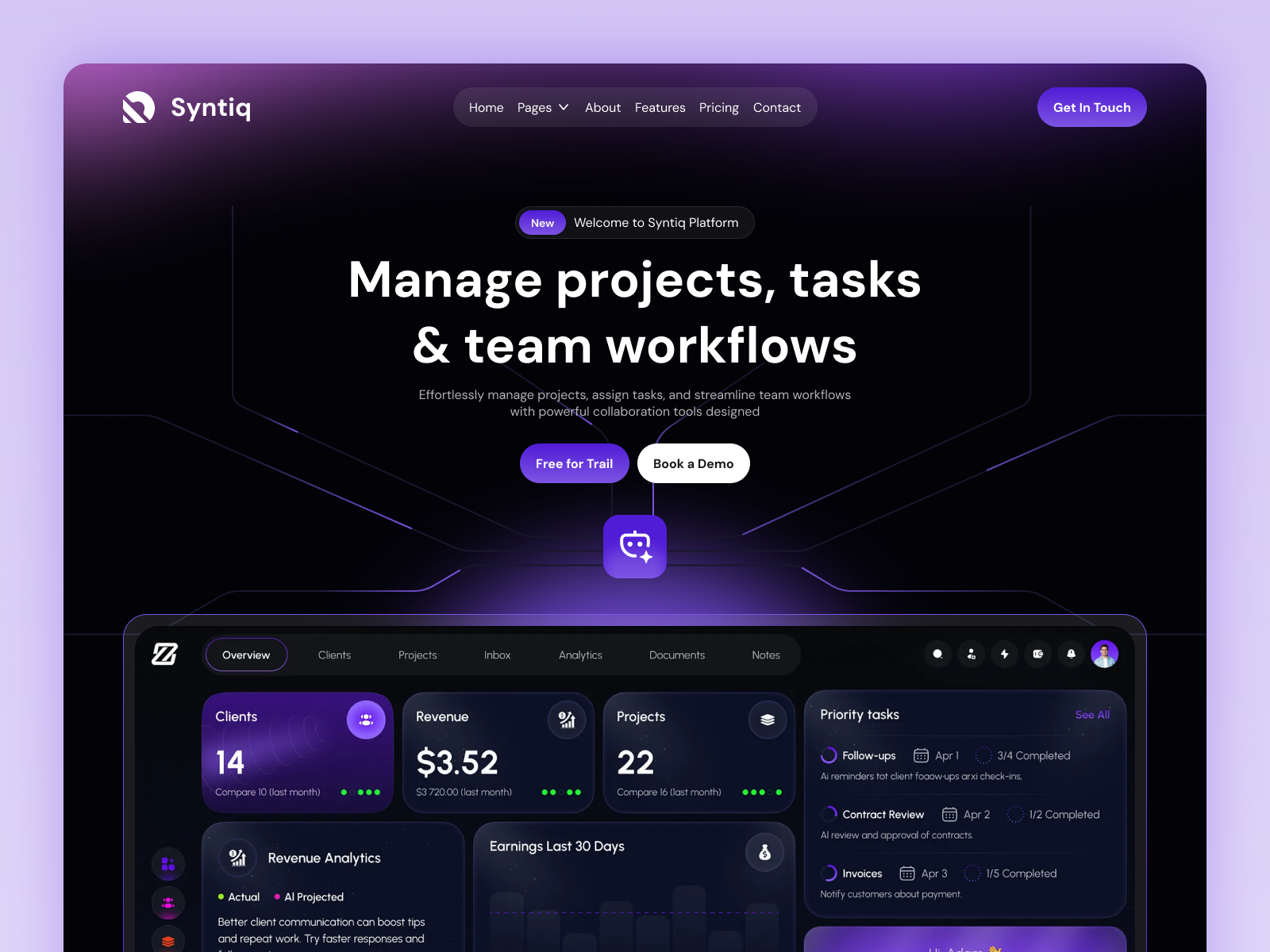 Syntiq — Smart Project & Team Workflow Management Platform darkmodeui dashboardui design figma landingpage landingpagedesign productivitytool projectmanagement saas saasdesign saaswebsite startupdesign ui ui design uiux user interface webdesign