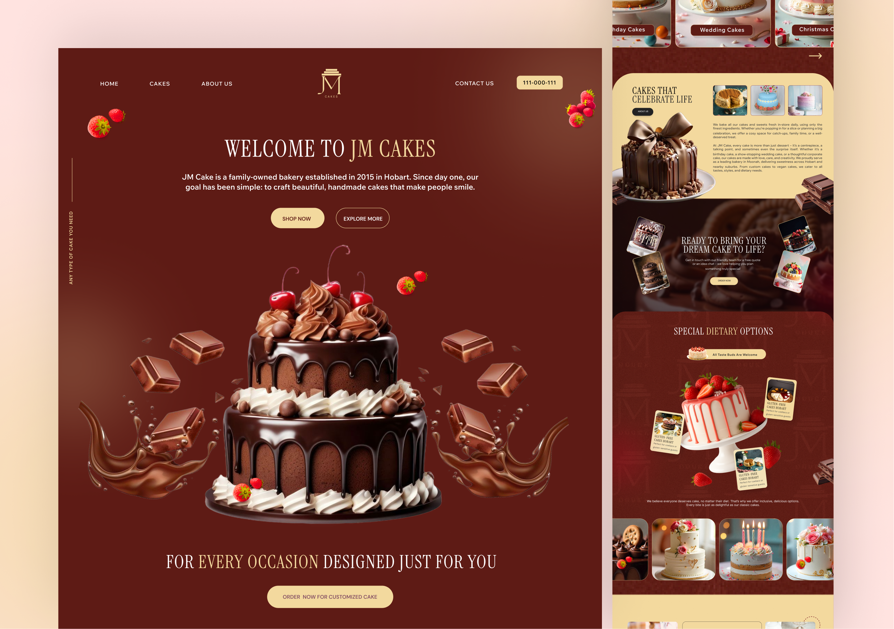 JM Cakes – Cake Shop Website Design bakery branding cake website cake website designs chocolate cleanui ecommerce landingpage modernui productdesign ui webdesign