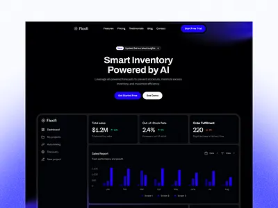 Modern SaaS Landing Page admin dashboard ui ai dashboard interface ai inventory management ai product design ai saas landing page business intelligence ui dark theme saas ui dashboard ui design data analytics dashboard inventory management software minimal dark ui modern web app design product design inspiration saas landing page design saas website design software landing page startup saas design tech startup landing page ux ui design inspiration web application ui