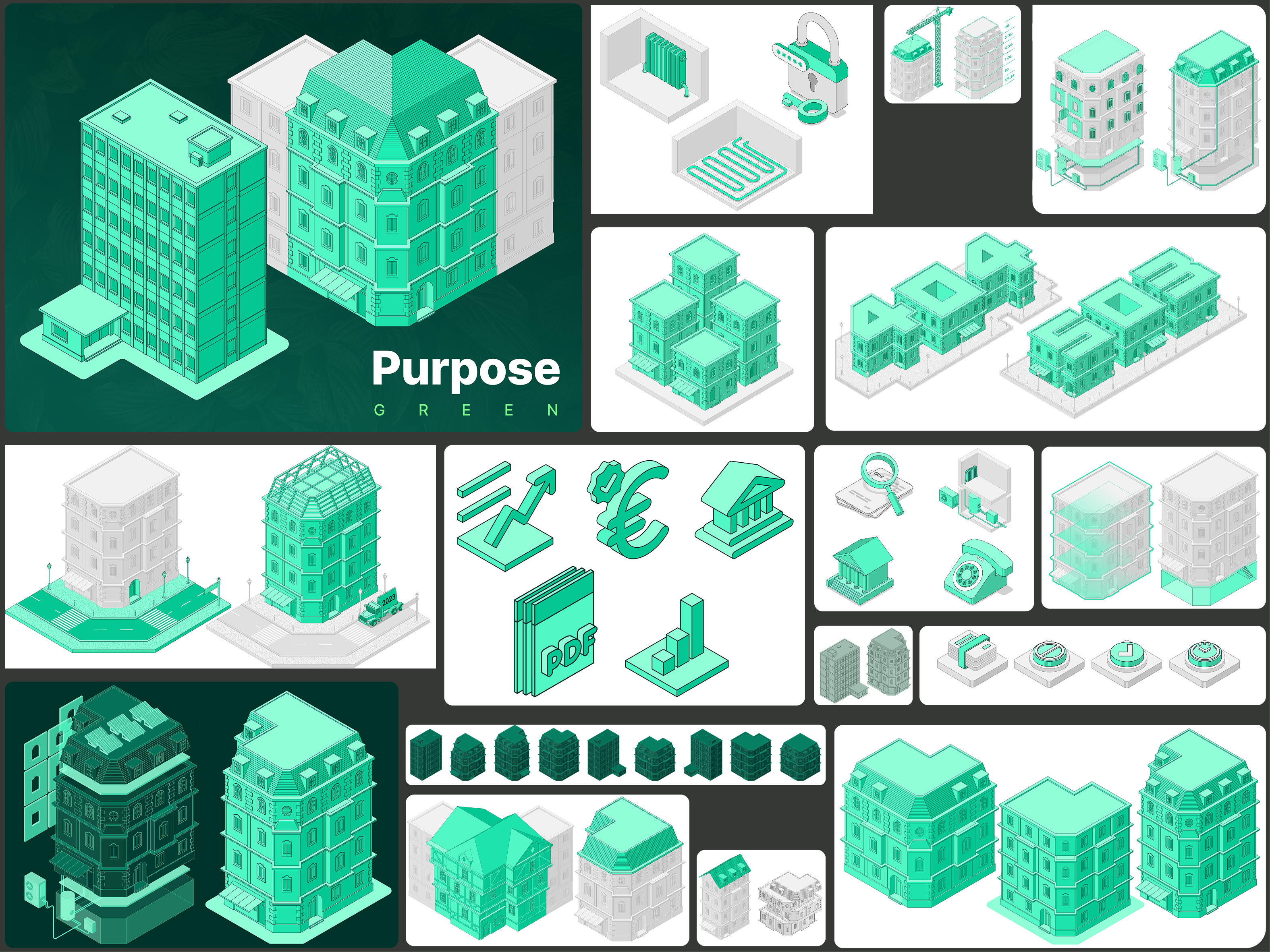 Brand Illustration For Purpose Green 2d animation 2d art 2d design 2d illustration animation animation art brand illustration building city concept art graphic design illustration isometric website art