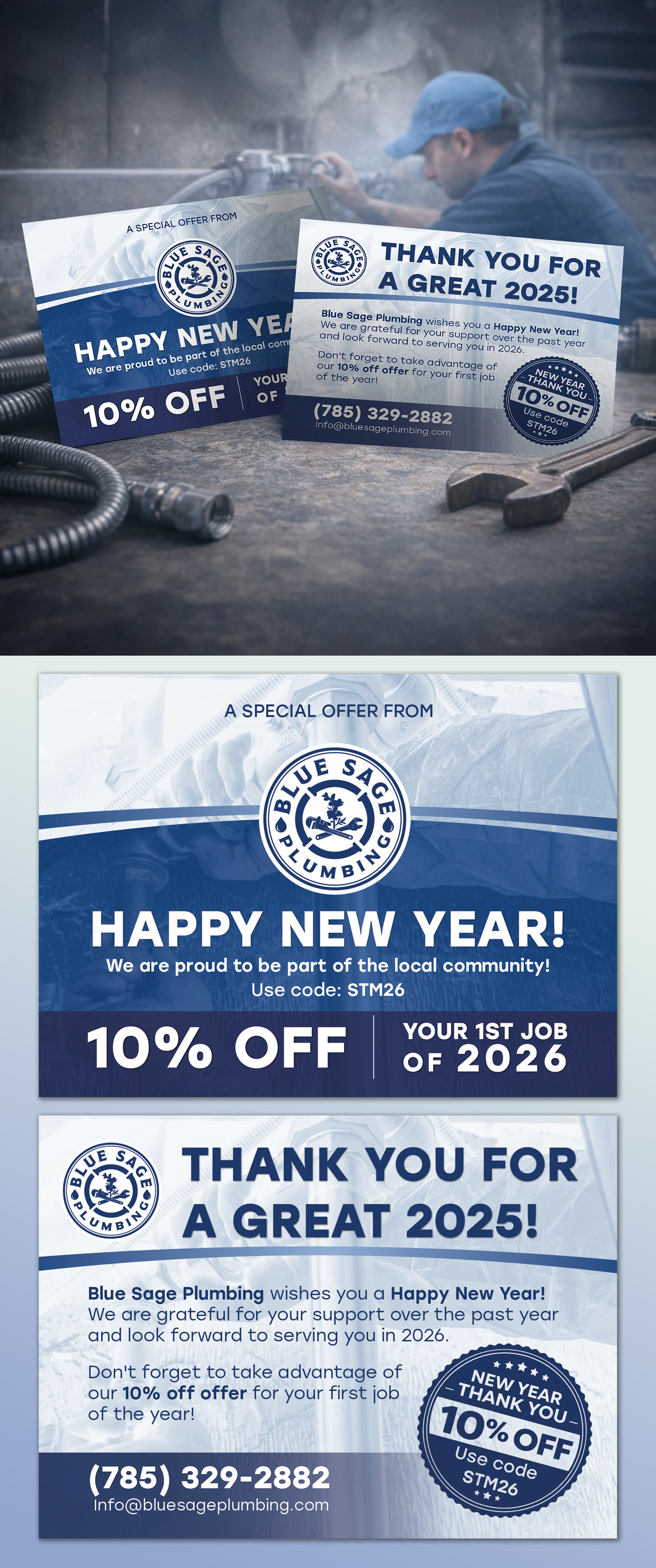 Two-Sided Thank-You / New-Year Promo Postcard — Service Business branding coupon cta direct mail flyer high contrast new year plumbing flyer postcard print ready promotional mailer seasonal promo service marketing thank you card vector