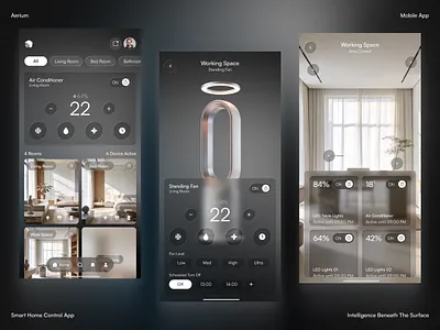 Aerium - Smart Home Control Mobile App Glassmorphism UI Design app interface automation design elegant glassmorphism home management luxury minimalist mobile mobile app mobile app design mobile app ui mobile ui mobile ui design modern smart home smart home app smart home mobile app ui widget