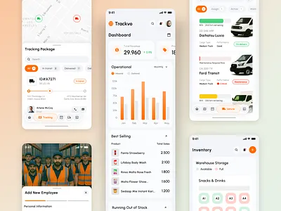 Trackvo - SAAS Warehouse Management UI Kit app application drivers inventory ios load locations management manufacture mobile packages reports saas schedule shipments track ui design ux design vehicle warehouse