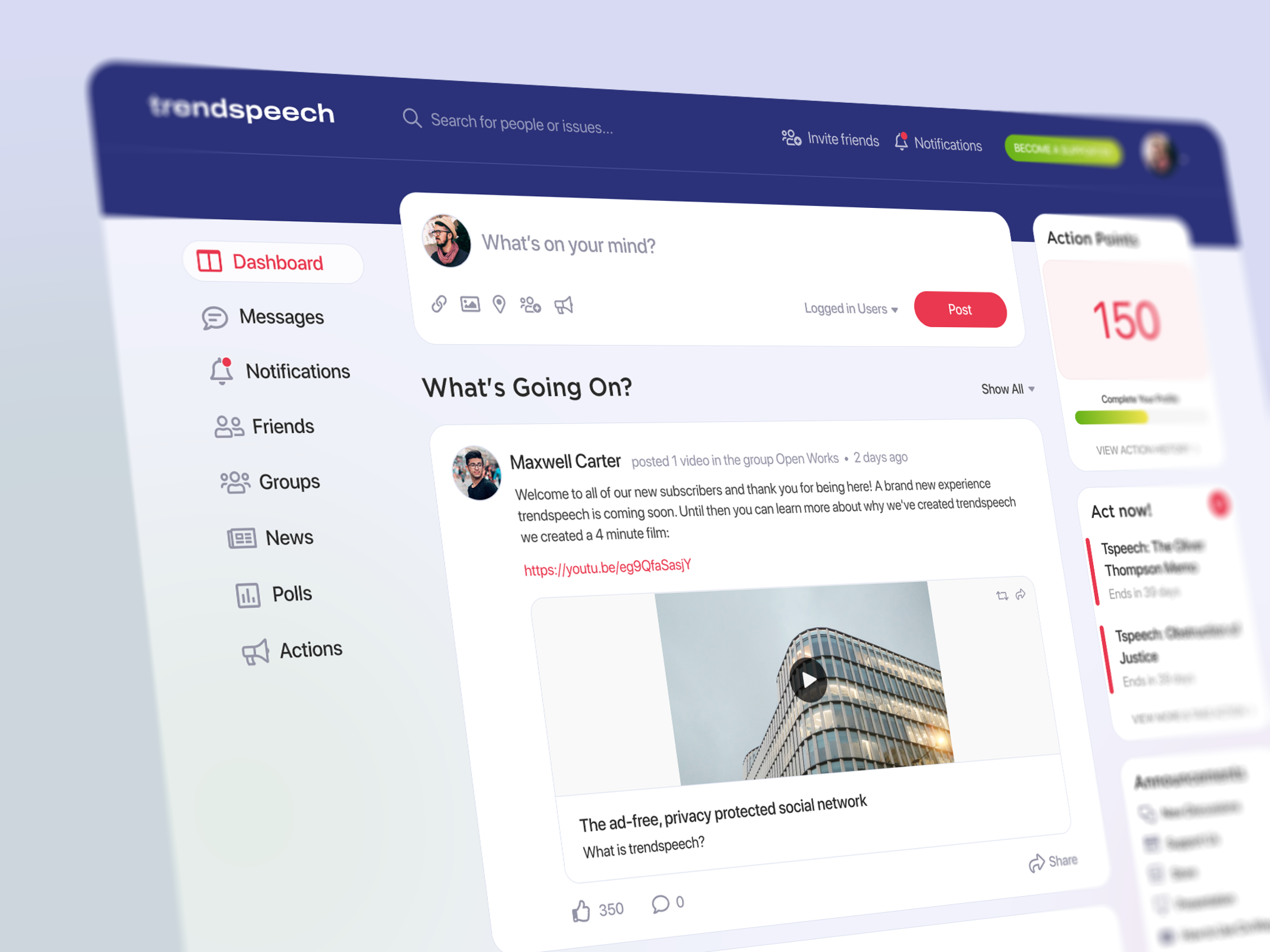 Social Network Platform actionbuttons cardlayout create post dashboard embeded interface platform post postcomposer sidebar socialux threecolumnlayout ui ux web webappdesign