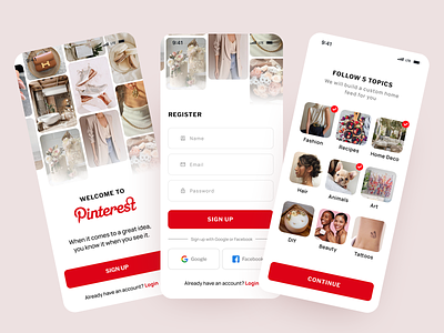 Welcome and Register Screens app design design ios login screen mobile mobile app mobile app design mobile ui onboarding screen pinterest app pinterest redesign register screen ui ui design ux ux design welcome screen