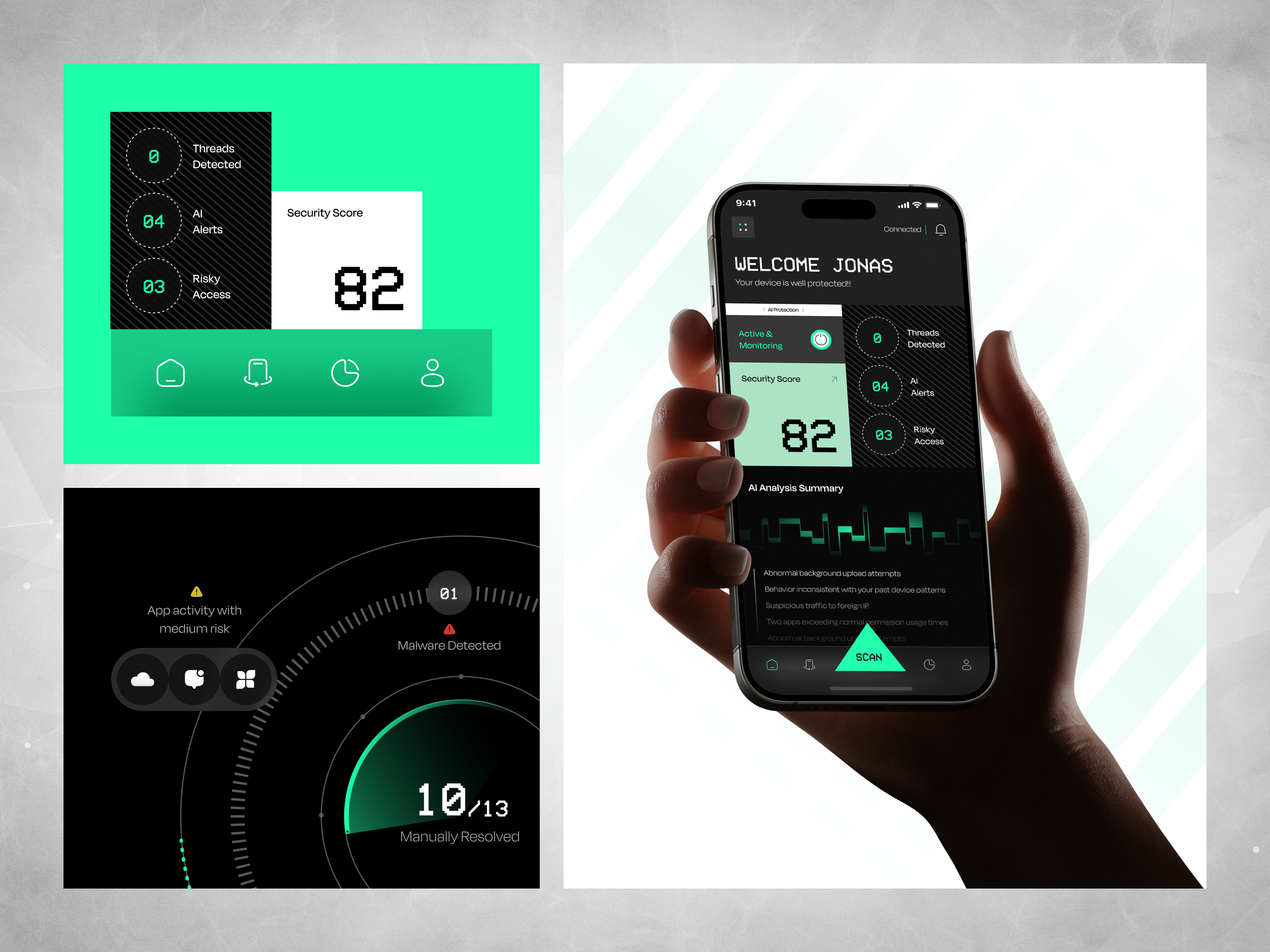CyberAI: AI Cybersecurity & Threat Monitoring ai antivirus appdesign cleanui cyberai cybersecurity darkui dashboard datavisualization futuristicui hmi mobilesecurity mobileui networksecurity phishingprotection productdesign saas securityapp threatdetection uxdesign
