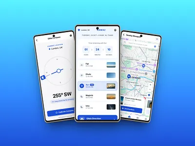 Namaz Tracker & Qibla Compass App blue themed ui cross platform app daily prayer tracker flutter app design interactive compass app islamic mobile app design islamic prayer times islamic utility app location based prayer times minimalist app design mobile app ui design muslim lifestyle app muslim prayer tracker namaz app prayer notifications prayer time reminder qibla compass app qibla direction app react native app design uiux mobile app
