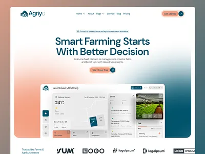 Agrio — Smart Farming SaaS Landing + Dashboard UI adminpanel agritech dashboard datavisualization ideapeel landingpage productdesign saasdesign sass startup uiux uxdesign webapp webdesign