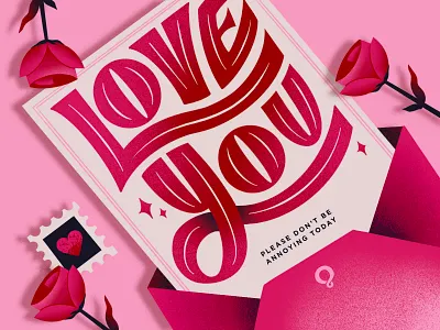 Valentines Day day envelope february flower funny hand heart holiday humor illustration love message note petals pink red rose stamp valentines you