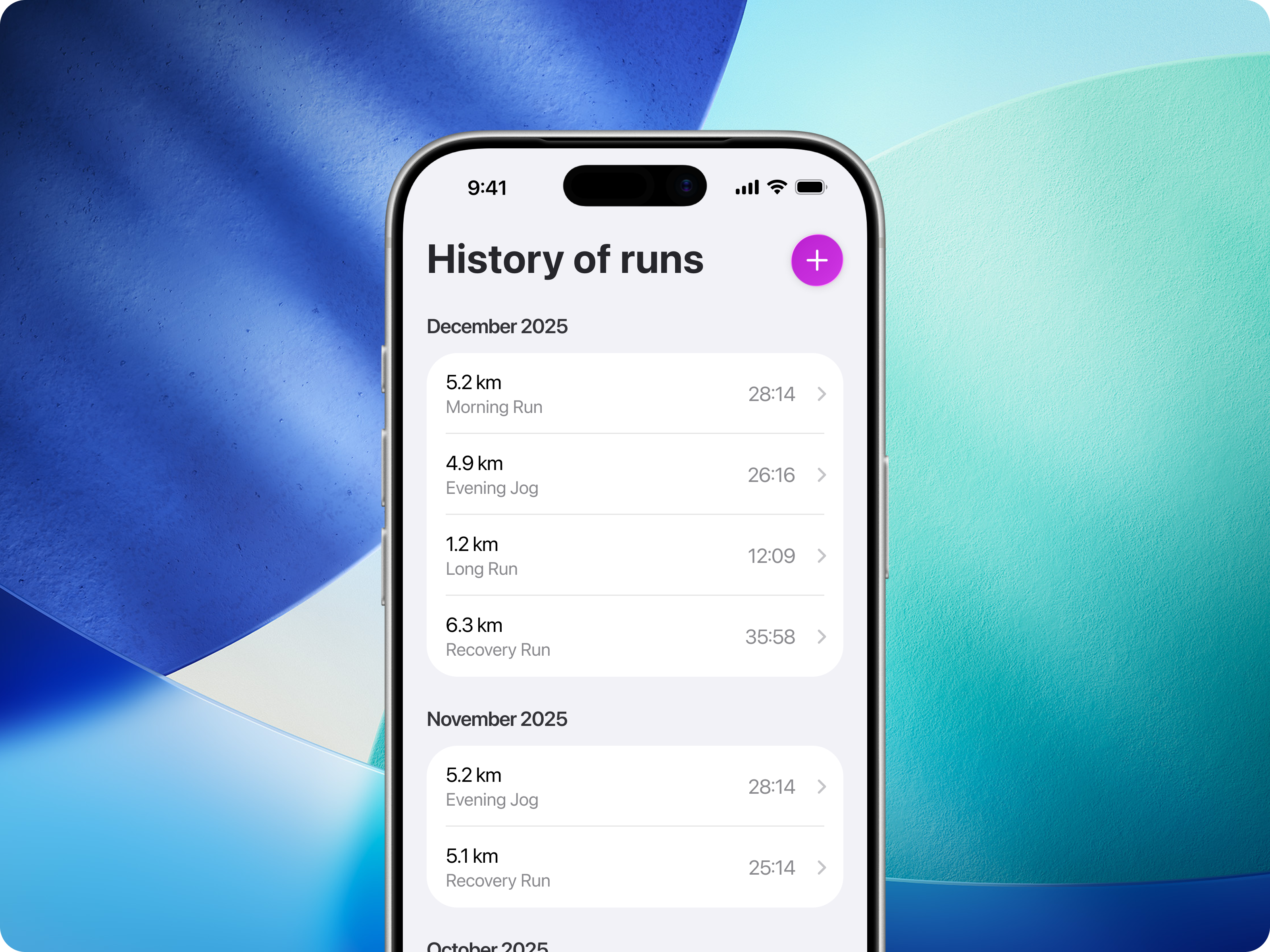 Running History · Clean iOS 26 Runs List (Apple-Inspired) apple inspired clean design fitness app fitness tracking gradients habit tracking health app ios 26 ios design minimalist ui mobile app mobile app design product design run history running app ui ui design ux ux design wellness app