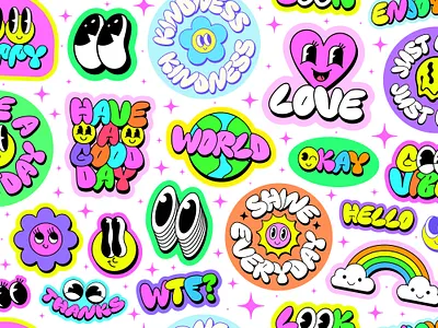 Cool Cartoon Funny Cute Stickers Vector Design. Pop Art Groovy 90s art badge cartoon character comic cool cute design face funky funny groovy happy kawai patch pop smile sticker y2k