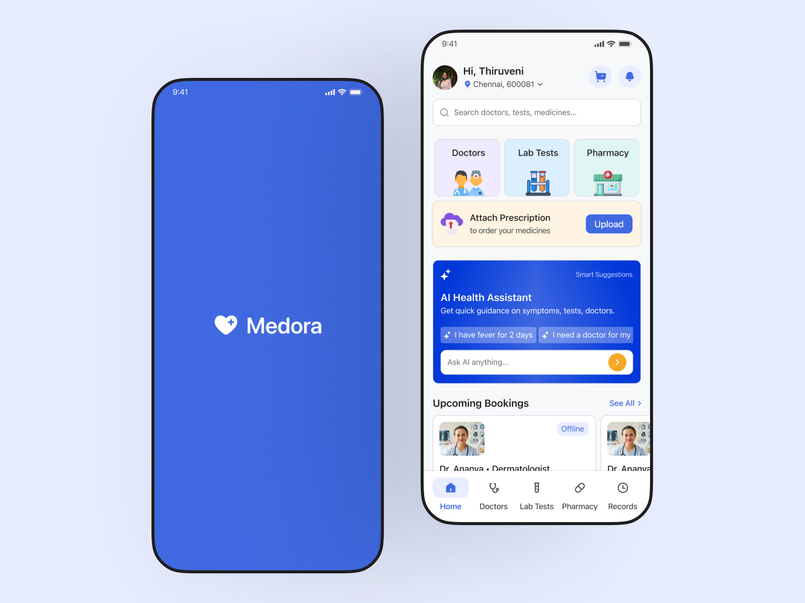 Medora - HealthCare App book doctor doctor booking app healthcare app home screen lab tests medical app mobile app online doctor ui