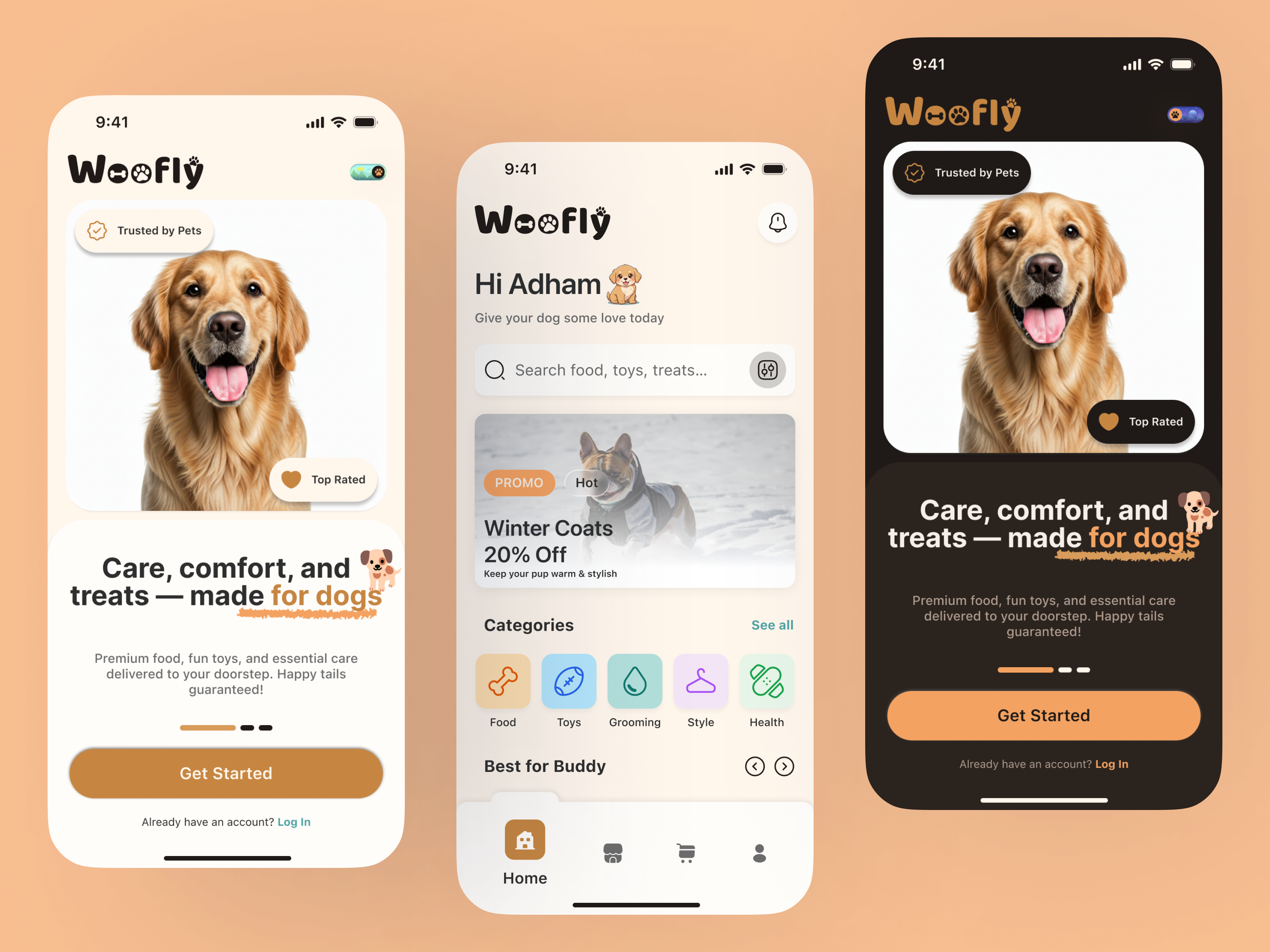 Woofly — A Modern Dog Lover Shopping App 🐕 dark mode dog app dog lover ecommerce ecommerce app ios app light mode mobile app pet app product design ui ui design ux design