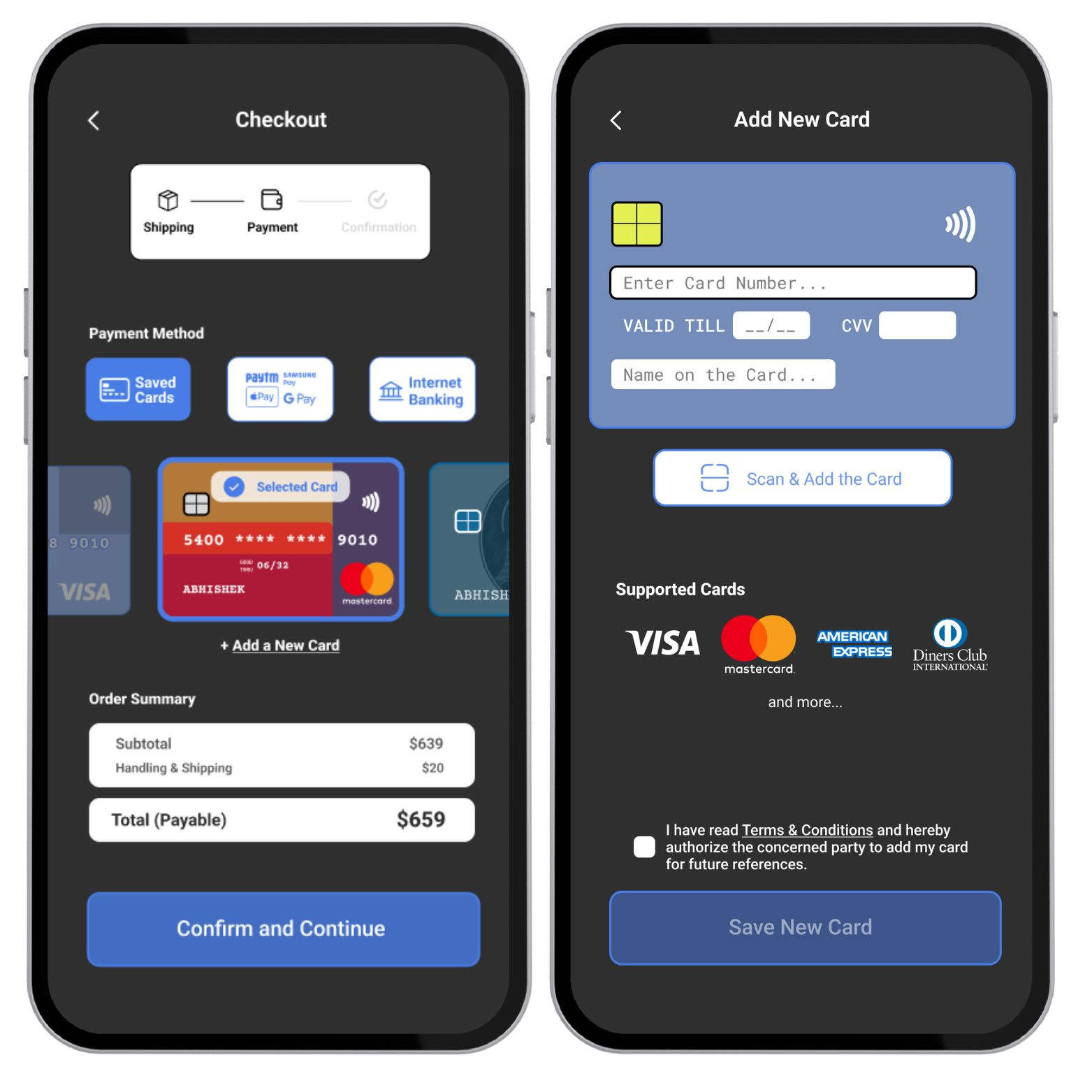 Credit Card Checkout – Mobile UI Design - Daily UI 002 add cards banking app card form ui checkout design checkout ui credit card checkout daily ui daily ui 002 dark ui e commerce checkout e commerce ux fintech app mobile app design mobile checkout online payment payment flow payment ui saved cards secure payment ui