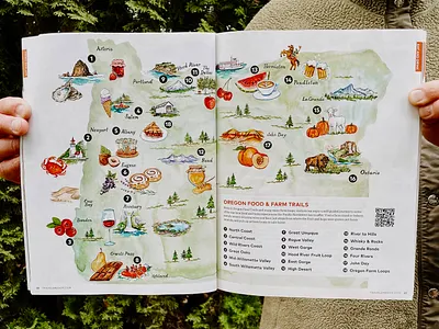 Travel Oregon Map editorial illustration food advertising illustration food illustration graphic design handpainted map handpainted oregon map illustrated state map oregon artist oregon coast illustrations oregon food illustrations oregon food trail map oregon map pendleton illustration pnw illustration portland illustrator portland watercolor illustration vintage travel map watercolor illustrator watercolor map willamette valley painting